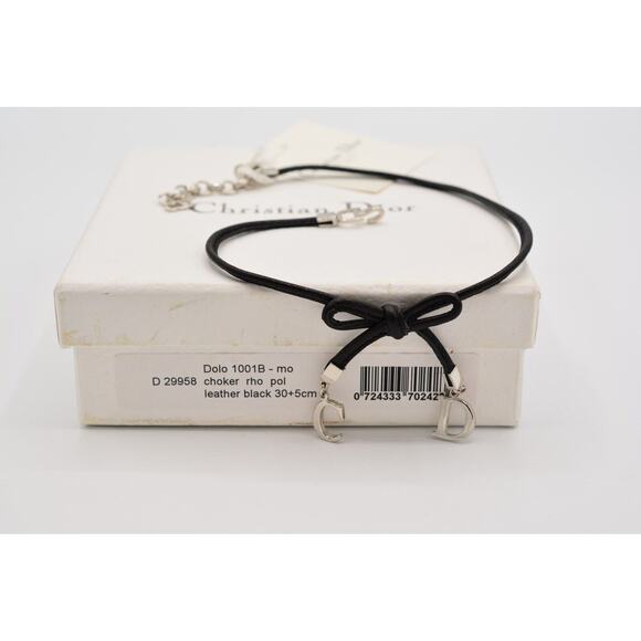 Christian Dior Vintage Bow Choker Necklace Logo CD Charm Black Leather Signed - Picture 12 of 16